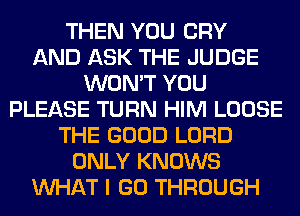 THEN YOU CRY
AND ASK THE JUDGE
WON'T YOU
PLEASE TURN HIM LOOSE
THE GOOD LORD
ONLY KNOWS
WHAT I GO THROUGH