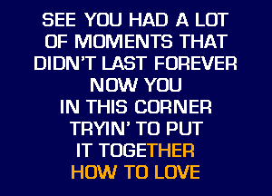 SEE YOU HAD A LOT
OF MOMENTS THAT
DIDN'T LAST FOREVER
NOW YOU
IN THIS CORNER
TRYIN' TO PUT
IT TOGETHER
HOW TO LOVE