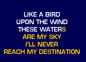 LIKE A BIRD
UPON THE WIND
THESE WATERS
ARE MY SKY
I'LL NEVER
REACH MY DESTINATION