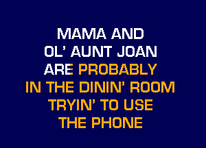 MAMA AND
OL' AUNT JOAN
ARE PROBABLY
IN THE DININ' ROOM
TRYIN' TO USE
THE PHONE