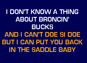 I DON'T KNOW A THING
ABOUT BRONCIN'
BUCKS
AND I CAN'T DOE SI DOE
BUT I CAN PUT YOU BACK
IN THE SADDLE BABY