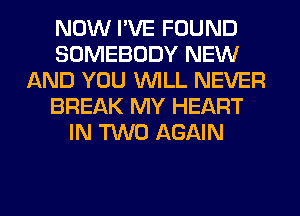 NOW I'VE FOUND
SOMEBODY NEW
AND YOU WILL NEVER
BREAK MY HEART
IN TWO AGAIN