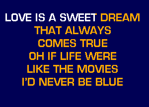 LOVE IS A SWEET DREAM
THAT ALWAYS
COMES TRUE
0H IF LIFE WERE
LIKE THE MOVIES
I'D NEVER BE BLUE