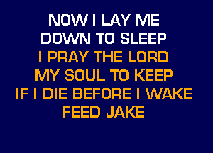 NOWI LAY ME
DOWN TO SLEEP
I PRAY THE LORD
MY SOUL TO KEEP
IF I DIE BEFORE I WAKE
FEED JAKE