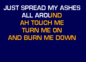 JUST SPREAD MY ASHES
ALL AROUND
AH TOUCH ME
TURN ME ON
AND BURN ME DOWN