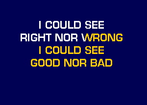 I COULD SEE
RIGHT NOR WRONG
I COULD SEE

GOOD NOR BAD