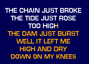 THE CHAIN JUST BROKE
THE TIDE JUST ROSE
T00 HIGH
THE DAM JUST BURST
WELL IT LEFT ME

HIGH AND DRY
DOWN ON MY KNEES