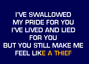 I'VE SWALLOWED
MY PRIDE FOR YOU
I'VE LIVED AND LIED

FOR YOU
BUT YOU STILL MAKE ME
FEEL LIKE A THIEF