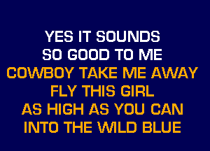 YES IT SOUNDS
SO GOOD TO ME
COWBOY TAKE ME AWAY
FLY THIS GIRL
AS HIGH AS YOU CAN
INTO THE WILD BLUE
