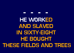 HE WORKED
AND SLAVED
IN SlXTY-EIGHT
HE BOUGHT
THESE FIELDS AND TREES