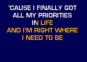 'CAUSE I FINALLY GOT
ALL MY PRIORITIES
IN LIFE
AND I'M RIGHT WHERE
I NEED TO BE