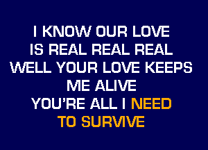 I KNOW OUR LOVE
IS REAL REAL REAL
WELL YOUR LOVE KEEPS
ME ALIVE
YOU'RE ALL I NEED
TO SURVIVE