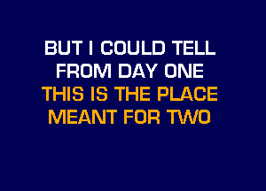 BUT I COULD TELL
FROM DAY ONE
THIS IS THE PLACE
MEANT FOR TWO

g