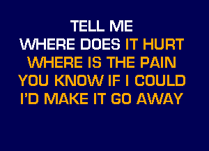 TELL ME
WHERE DOES IT HURT
WHERE IS THE PAIN
YOU KNOW IF I COULD
I'D MAKE IT GO AWAY