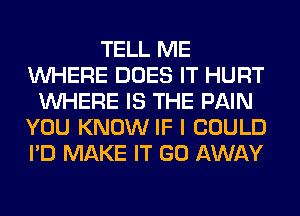 TELL ME
WHERE DOES IT HURT
WHERE IS THE PAIN
YOU KNOW IF I COULD
I'D MAKE IT GO AWAY