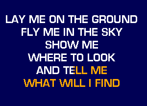 LAY ME ON THE GROUND
FLY ME IN THE SKY
SHOW ME
WHERE TO LOOK
AND TELL ME
WHAT WILL I FIND