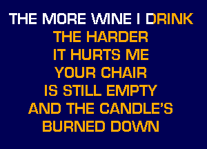 THE MORE WINE I DRINK
THE HARDER
IT HURTS ME
YOUR CHAIR
IS STILL EMPTY
AND THE CANDLES
BURNED DOWN