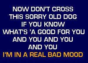 NOW DON'T CROSS
THIS SORRY OLD DOG
IF YOU KNOW
WHATS 'A GOOD FOR YOU
AND YOU AND YOU
AND YOU
I'M IN A REAL BAD MOOD