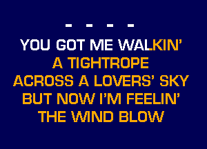 YOU GOT ME WALKIM
A TIGHTROPE
ACROSS A LOVERS' SKY
BUT NOW I'M FEELIM
THE WIND BLOW