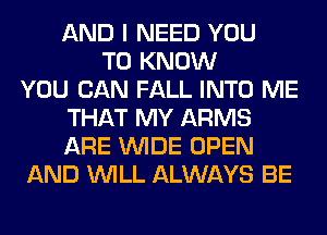 AND I NEED YOU
TO KNOW
YOU CAN FALL INTO ME
THAT MY ARMS
ARE WIDE OPEN
AND WILL ALWAYS BE