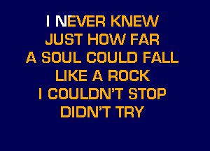 I NEVER KNEW
JUST HOW FAR
A SOUL COULD FALL
LIKE A ROCK
I COULDNT STOP
DIDN'T TRY