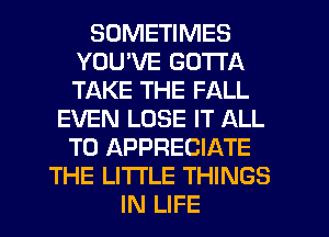 SOMETIMES
YOUWE GOTTA
TAKE THE FALL

EVEN LOSE IT ALL
T0 APPRECIATE
THE LITTLE THINGS
IN LIFE