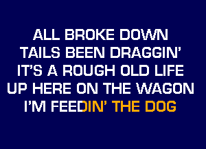 ALL BROKE DOWN
TAILS BEEN DRAGGIN'
ITS A ROUGH OLD LIFE

UP HERE ON THE WAGON
I'M FEEDIN' THE DOG