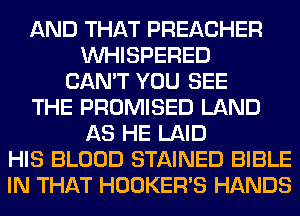 AND THAT PREACHER
VVHISPERED
CAN'T YOU SEE
THE PROMISED LAND
AS HE LAID
HIS BLOOD STAINED BIBLE
IN THAT HOOKERVS HANDS