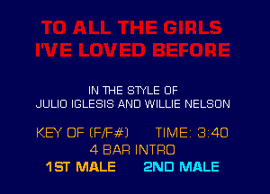 IN THE STYLE OF
JULIO IGLESIS AND WILLIE NELSON

KEY OF (FIRM TlMEi 3'40
4 BAR INTRO
1ST MALE 2ND MRLE