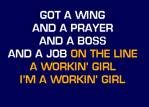 GOT A WING
AND A PRAYER
AND A BOSS
AND A JOB ON THE LINE
A WORKINA GIRL
I'M A WORKINA GIRL
