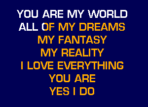 YOU ARE MY WORLD
ALL OF MY DREAMS
MY FANTASY
MY REALITY
I LOVE EVERYTHING
YOU ARE
YES I DO