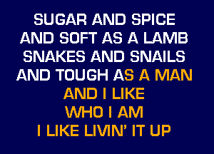 SUGAR AND SPICE
AND SOFT AS A LAMB
SNAKES AND SNAILS

AND TOUGH AS A MAN
AND I LIKE
INHO I AM
I LIKE LIVIN' IT UP