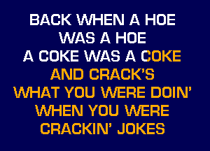 BACK WHEN A HOE
WAS A HOE
A COKE WAS A COKE
AND CRACK'S
WHAT YOU WERE DOIN'
WHEN YOU WERE
CRACKIN' JOKES