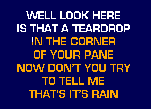 WELL LOOK HERE
IS THAT A TEARDRDP
IN THE CORNER
OF YOUR PANE
NOW DOMT YOU TRY
TO TELL ME
THATS ITS RAIN
