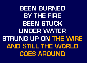 BEEN BURNED
BY THE FIRE
BEEN STUCK
UNDER WATER
STRUNG UP ON THE WIRE
AND STILL THE WORLD
GOES AROUND
