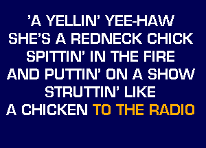 'A YELLINA YEE-HAW
SHE'S A REDNECK CHICK
SPITI'IN' IN THE FIRE
AND PUTI'IN' ON A SHOW
STRUTI'IN' LIKE
A CHICKEN TO THE RADIO