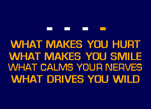 WHAT MAKES YOU HURT

WHAT MAKES YOU SMILE
WHAT CALMS YOUR NERVES

WHAT DRIVES YOU WILD