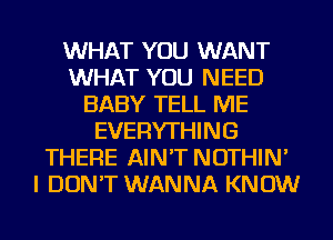 WHAT YOU WANT
WHAT YOU NEED
BABY TELL ME
EVERYTHING
THERE AIN'T NOTHIN'
I DON'T WANNA KNOW