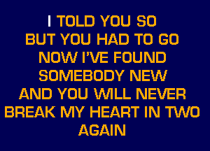 I TOLD YOU SO
BUT YOU HAD TO GO
NOW I'VE FOUND
SOMEBODY NEW
AND YOU WILL NEVER
BREAK MY HEART IN TWO
AGAIN