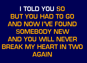 I TOLD YOU SO
BUT YOU HAD TO GO
AND NOW I'VE FOUND
SOMEBODY NEW
AND YOU WILL NEVER
BREAK MY HEART IN TWO
AGAIN