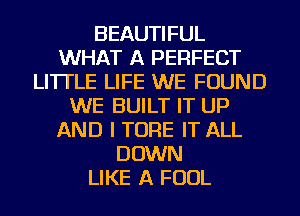 BEAUTIFUL
WHAT A PERFECT
LI'ITLE LIFE WE FOUND
WE BUILT IT UP
AND I TORE IT ALL
DOWN
LIKE A FOUL
