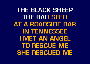 THE BLACK SHEEP
THE BAD SEED
AT A ROADSIDE BAR
IN TENNESSEE
I MET AN ANGEL
T0 RESCUE ME
SHE RESCUED ME