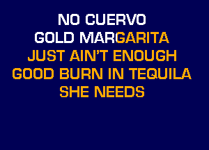 N0 CUERVO
GOLD MARGARITA
JUST AIN'T ENOUGH
GOOD BURN IN TEQUILA
SHE NEEDS