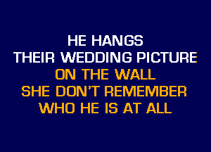 HE HANGS
THEIR WEDDING PICTURE
ON THE WALL
SHE DON'T REMEMBER
WHO HE IS AT ALL