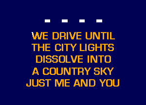 WE DRIVE UNTIL
THE CITY LIGHTS
DISSOLVE INTO

A COUNTRY SKY

JUST ME AND YOU I