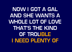 NOW I GOT A GAL
AND SHE WANTS A
WHOLE LOT OF LOVE

THAT'S THE KIND

OF TROUBLE
I NEED PLENTY OF