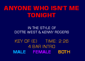 IN THE STYLE 0F

DUTTlE WEST 8 KENNY ROGERS

KEY OF (E)

MALE

4 BAR INTRO

TIME

2128

BUTH