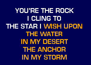 YOU'RE THE ROCK
I CLING TO

THE STAR I WISH UPON
THE WATER

IN MY DESERT
THE ANCHOR
IN MY STORM