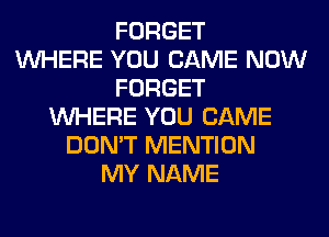 FORGET
WHERE YOU CAME NOW
FORGET
WHERE YOU CAME
DON'T MENTION
MY NAME