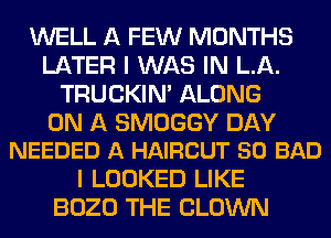 WELL A FEW MONTHS
LATER I WAS IN LA.
TRUCKIN' ALONG

ON A SMOGGY DAY
NEEDED A HAIRCUT 50 BAD

I LOOKED LIKE
BOZO THE CLOWN